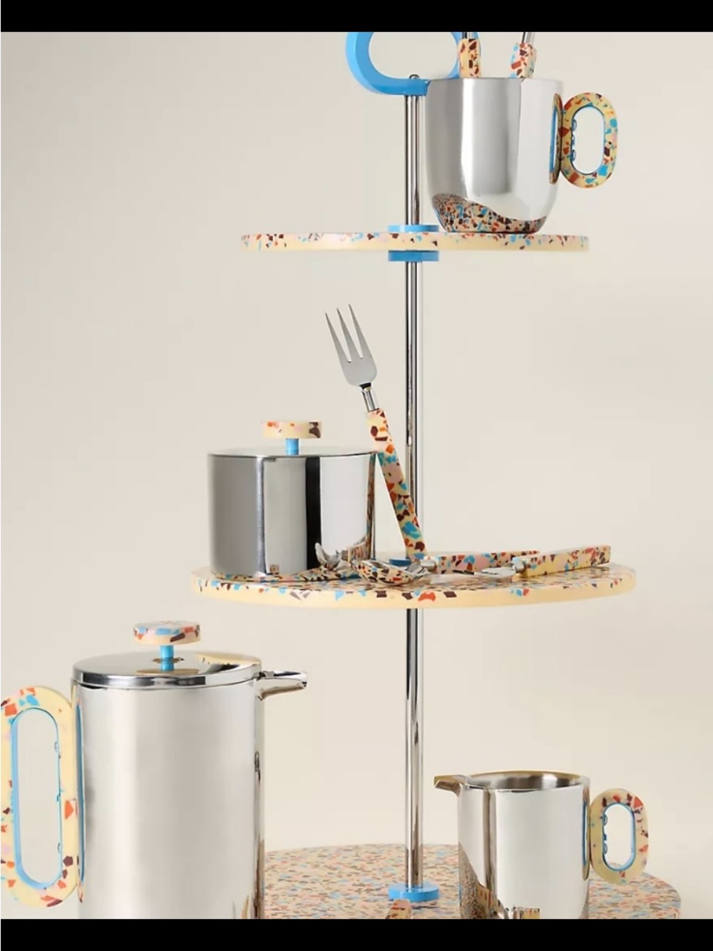 Multicolor Terrazzo Accent Kitchen Stand with Stainless Steel Serveware